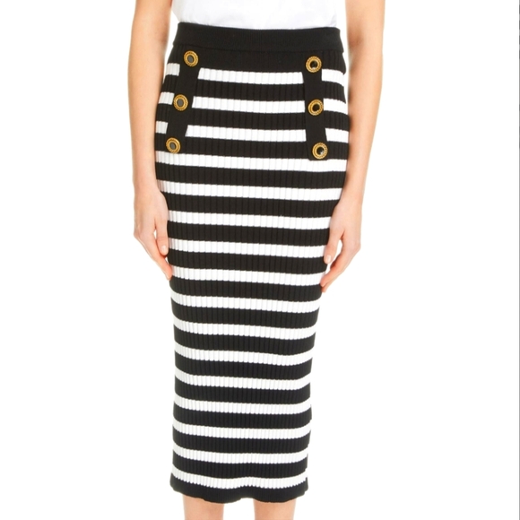 Balmain Stripe Button Detail Cotton Knit Skirt - Picture 2 of 7